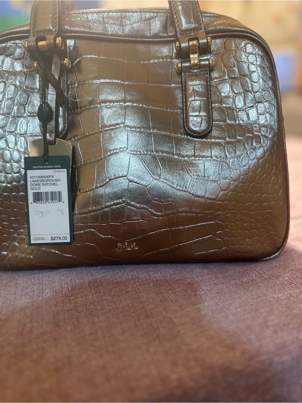 Lauren Ralph Lauren Metallic Bronze Croc-Embossed Satchel